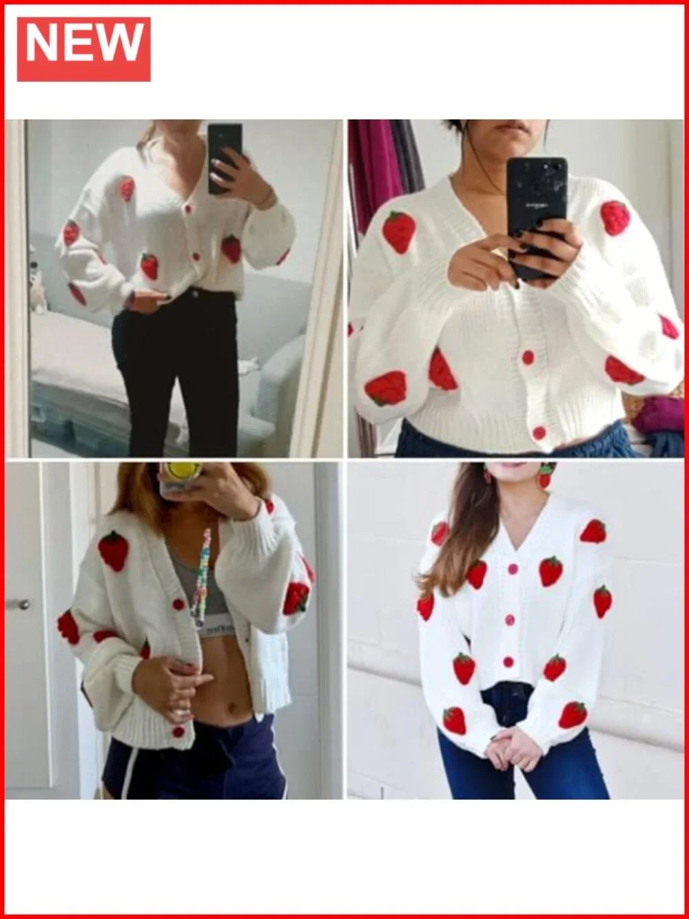 Strawberry Embroidered Chunky Knit V Neck Cardigan Button Down Women's
